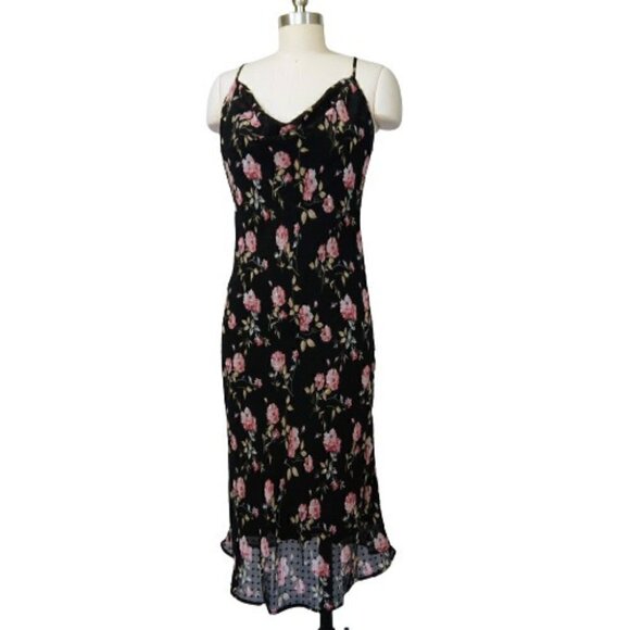 Y2K Style Slip Dress Size M NWT Black Bias Cut Floral Midi Strappy AaKaa - Picture 1 of 5